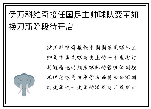 伊万科维奇接任国足主帅球队变革如换刀新阶段待开启